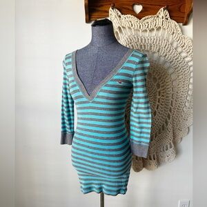 Hollister Y2K Vintage Long Deep V Teal and Gray Striped Shirt XS